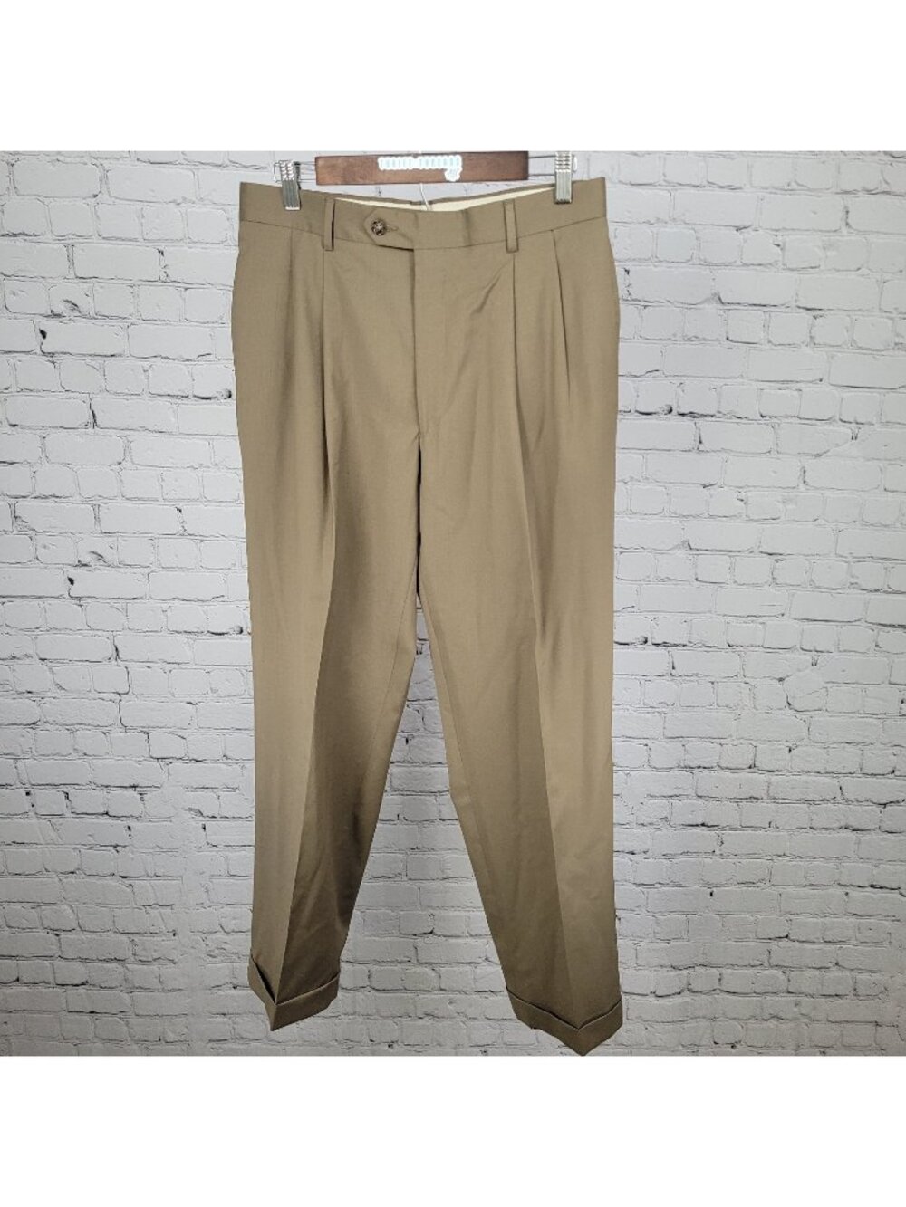 Jos A Bank Brown 100% Wool Pleated Cuffed Straight Dress Pants Size 34 (32x30.5)